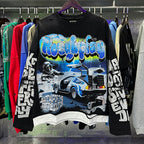ROUGHPLAY Distressed Cyberpunk Sports Car Graphic Long Sleeve Shirt Unisex Black Oversized Streetwear Crewneck Top