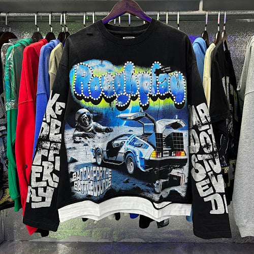 ROUGHPLAY Distressed Cyberpunk Sports Car Graphic Long Sleeve Shirt Unisex Black Oversized Streetwear Crewneck Top Hover Image