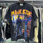 MAJESTIK Cyberpunk City Graphic T-Shirt Unisex Acid Wash Black Y2K Retro Futuristic Oversized Streetwear Short Sleeve Top