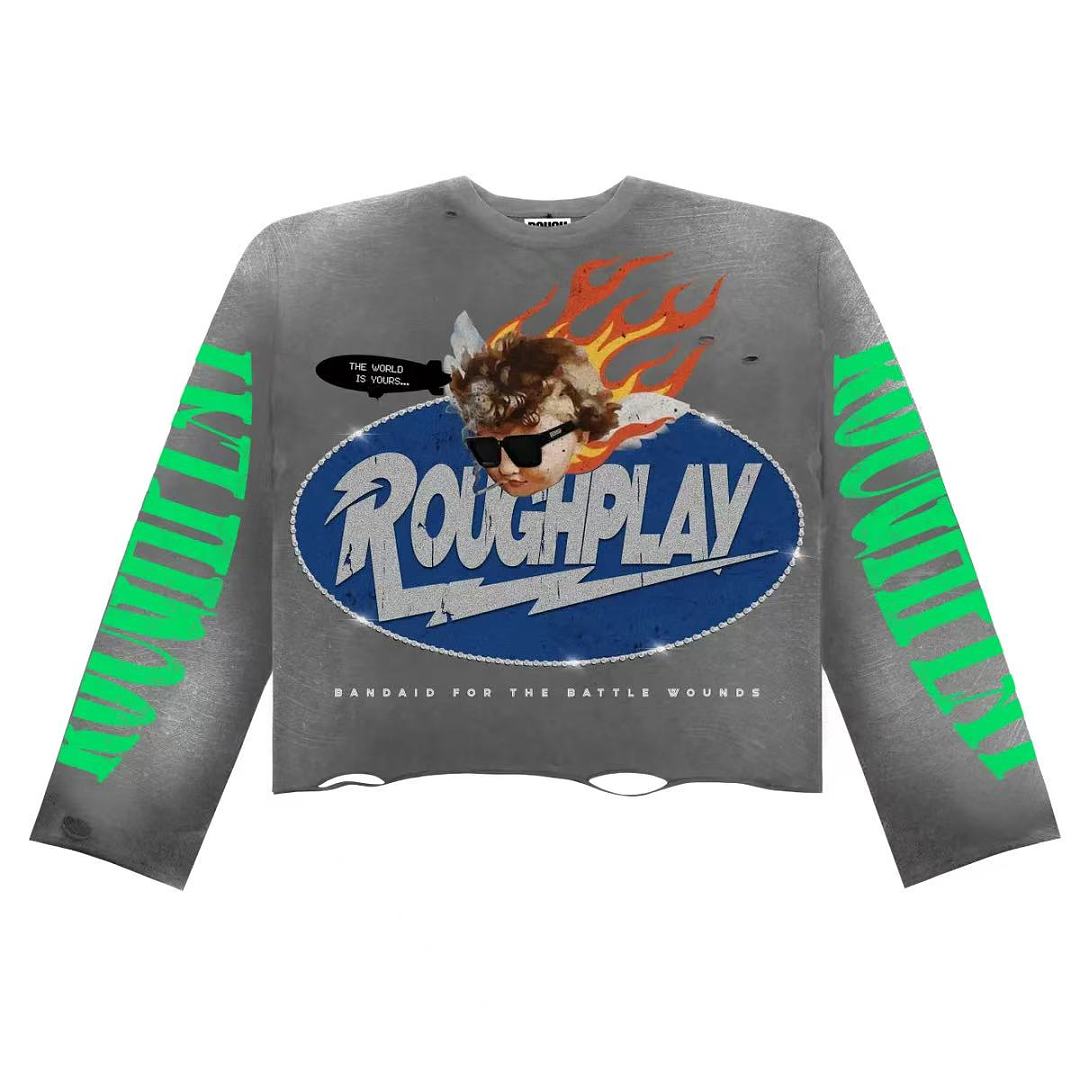 ROUGHPLAY Distressed Flame Oval Logo Graphic Long Sleeve Shirt Unisex Vintage Oversized Streetwear Crewneck Top