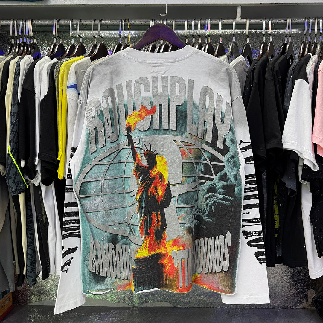 ROUGHPLAY Distressed Statue of Liberty Graphic Long Sleeve Shirt Unisex Vintage Oversized Streetwear Crewneck Top