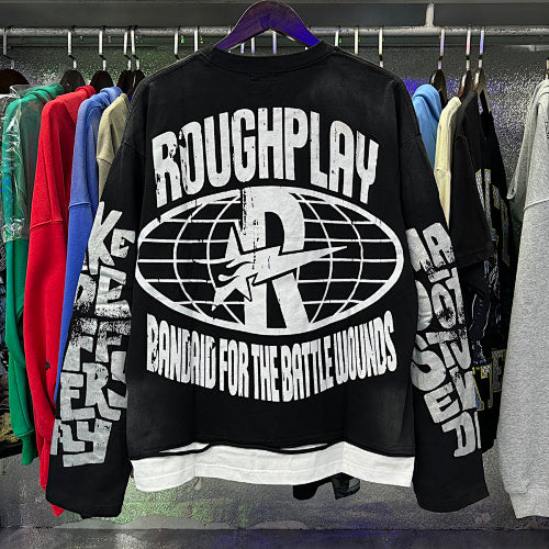 ROUGHPLAY Distressed Cyberpunk Sports Car Graphic Long Sleeve Shirt Unisex Black Oversized Streetwear Crewneck Top