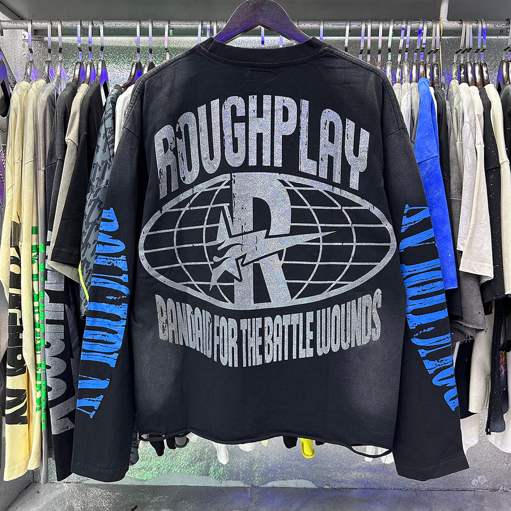 ROUGHPLAY Distressed Sun Graphic Long Sleeve Shirt Unisex Vintage Oversized Streetwear Crewneck Top
