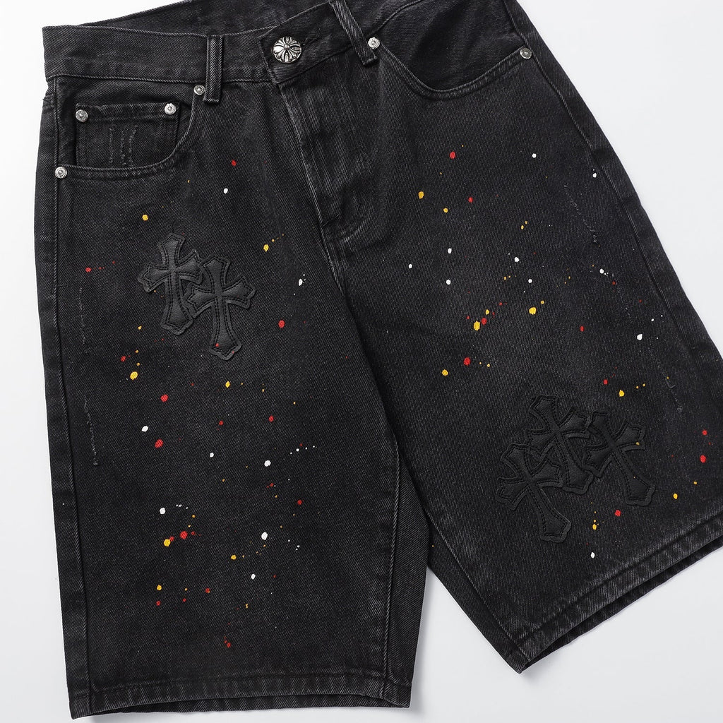 Chrome Hearts Cross Patch Embroidered & Hand-Painted Denim Shorts 9927