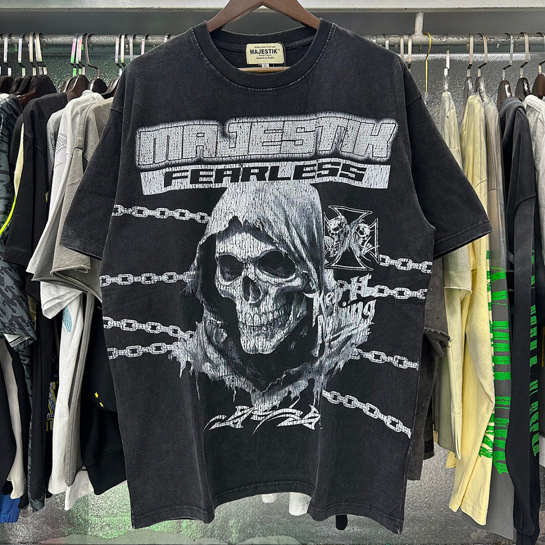 MAJESTIK Grim Reaper Skeleton Graphic T-Shirt Unisex Acid Wash Black Y2K Cyber Gothic Heavyweight Oversized Streetwear Short Sleeve Top