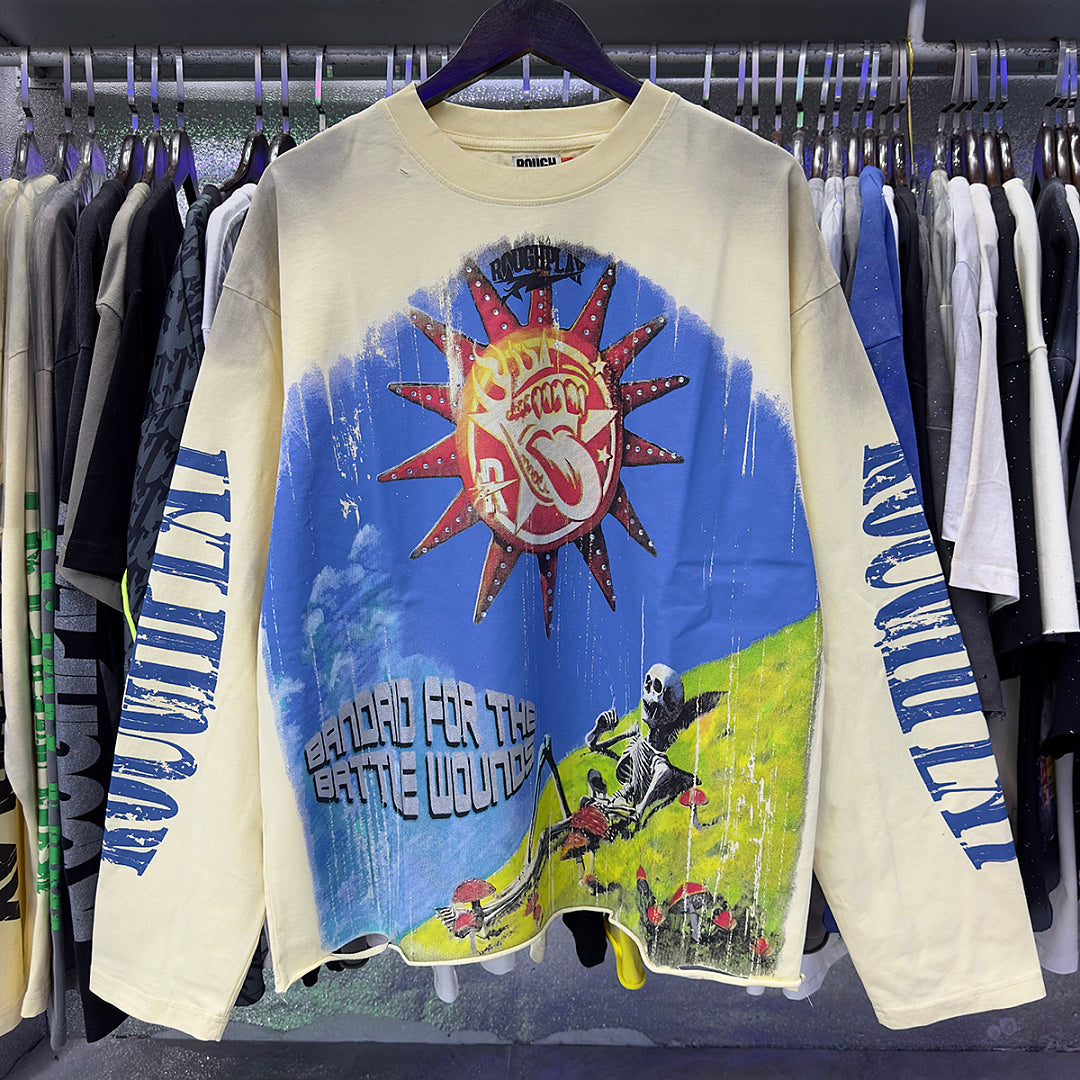 ROUGHPLAY Distressed Sun Graphic Long Sleeve Shirt Unisex Vintage Oversized Streetwear Crewneck Top