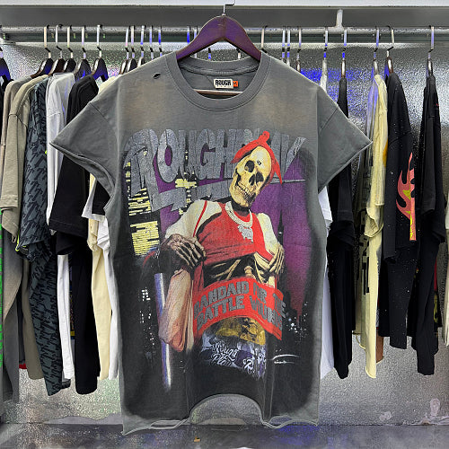 ROUGHPLAY Heavyweight Distressed Graphic Tee - Red Tank Skeleton & City Lights Main Image