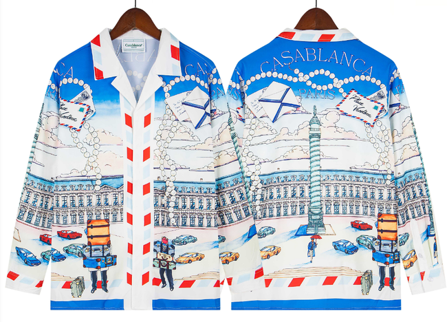 Casablanca Par Avion Airmail Monument Silk-Style Shirt - White / Blue Hover Image