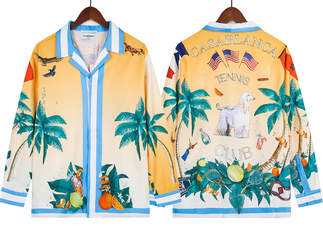 Casablanca Sunset Palm & Tropical Wildlife Silk-Style Shirt - Yellow / Blue Hover Image