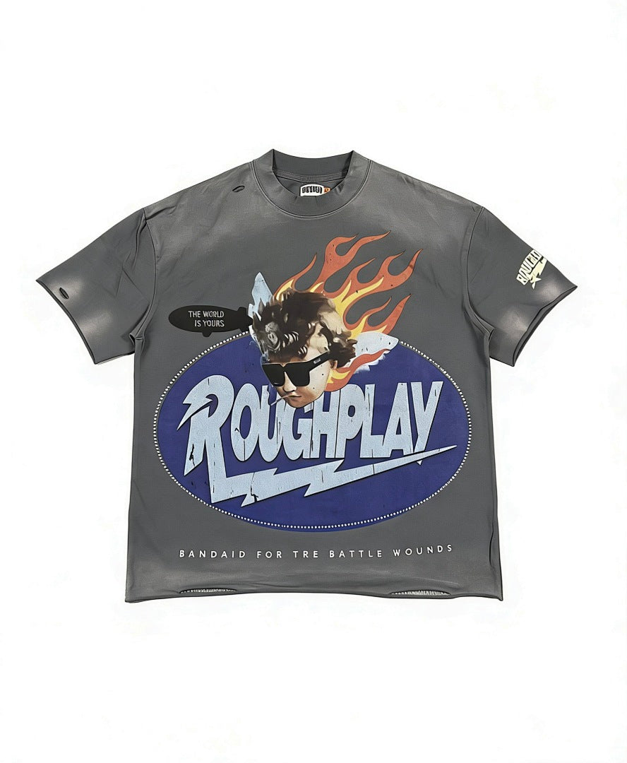 ROUGHPLAY Heavyweight Distressed Graphic Tee - Flame Oval Emblem