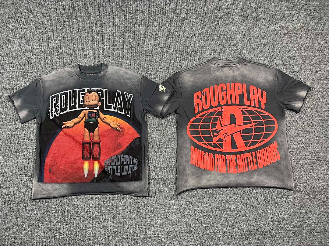 ROUGHPLAY Heavyweight Distressed Graphic Tee - Cyber Astro Boy & Crimson Moon