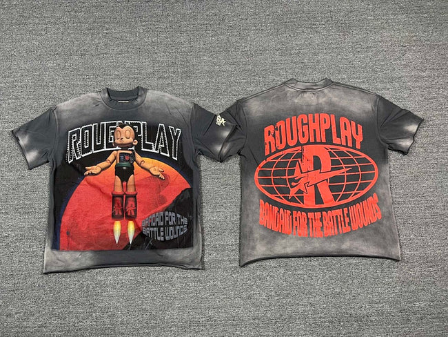 ROUGHPLAY Heavyweight Distressed Graphic Tee - Cyber Astro Boy & Crimson Moon Hover Image