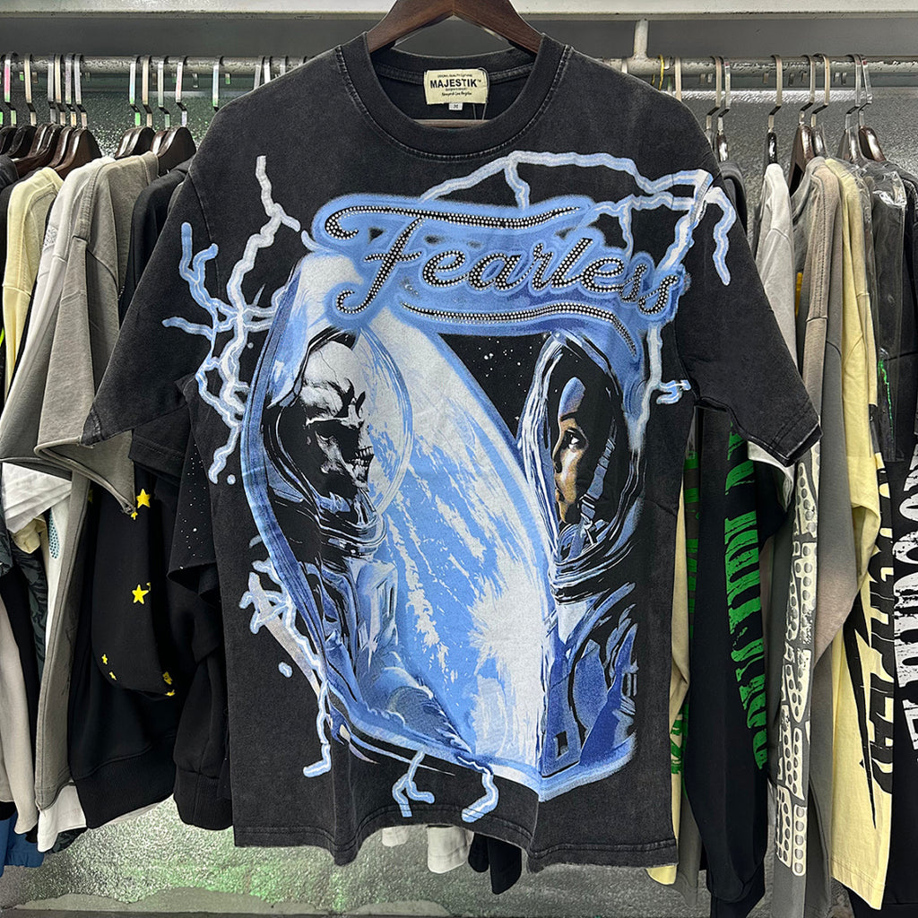 MAJESTIK Electric Lightning Fearless Graphic T-Shirt Unisex Acid Wash Black Y2K Cyber Graphic Oversized Streetwear Short Sleeve Top