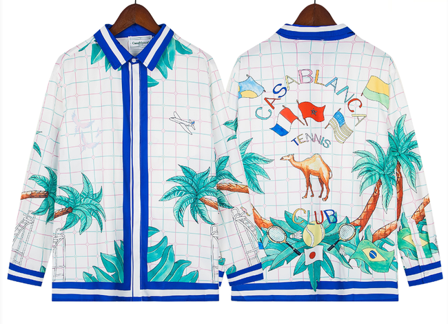 Casablanca Blue Grid & Palm Tree Silk-Style Shirt - White / Blue Hover Image