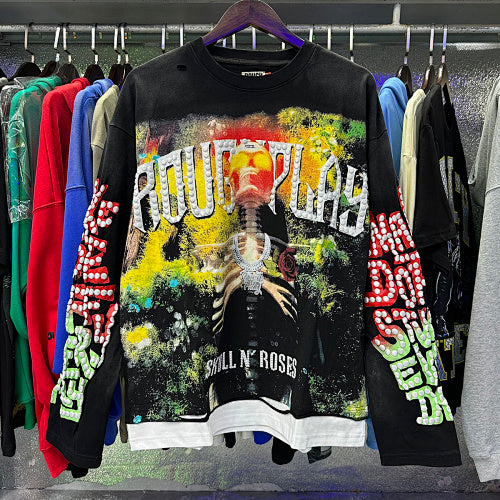 ROUGHPLAY Distressed Toxic Skeleton Graphic Long Sleeve Shirt Unisex Black Oversized Streetwear Crewneck Top Hover Image