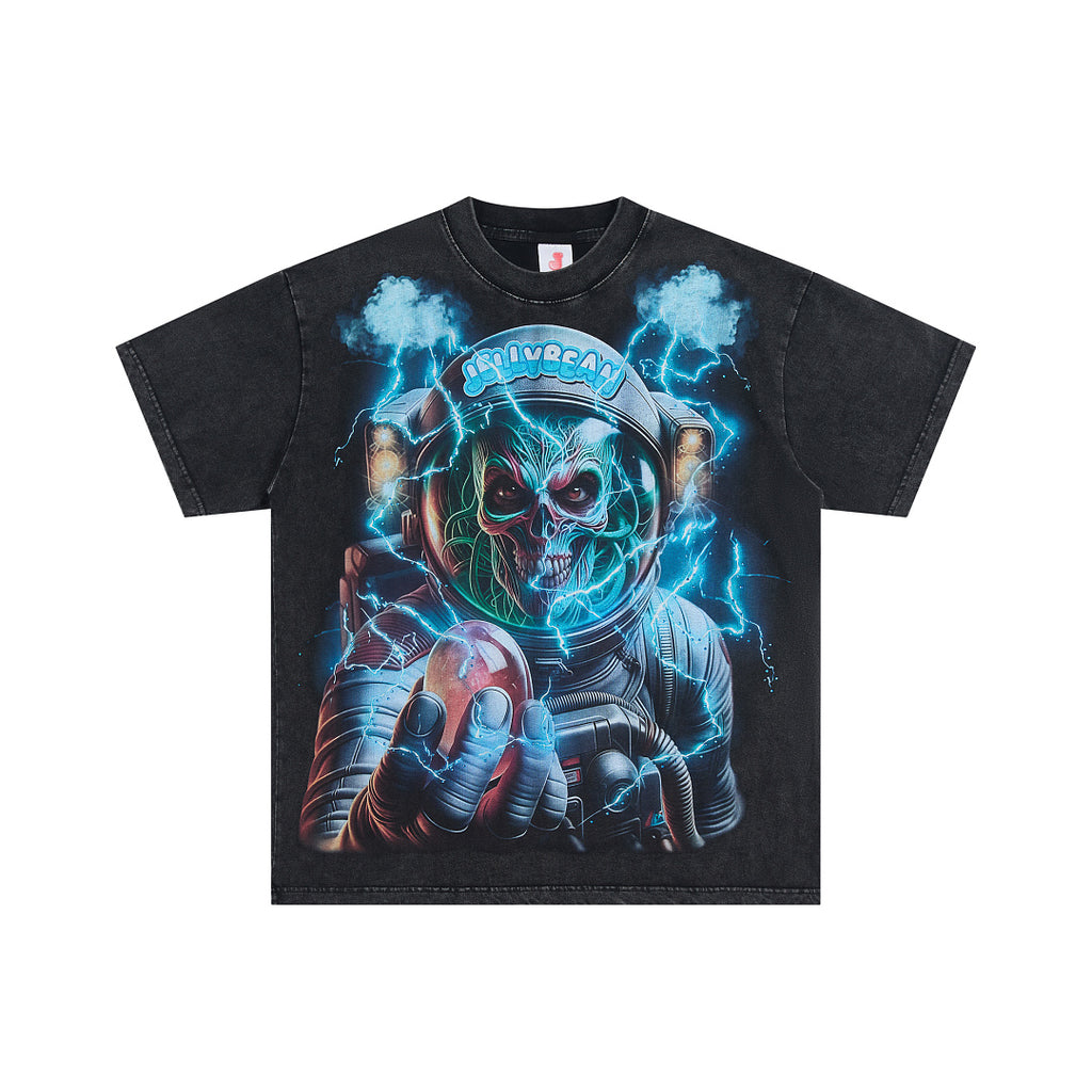 JELLYBEAN Skull Astronaut Lightning Graphic Oversized T‑Shirt