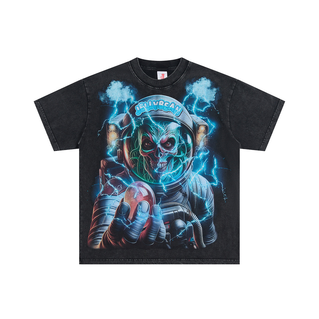 JELLYBEAN Skull Astronaut Lightning Graphic Oversized T‑Shirt