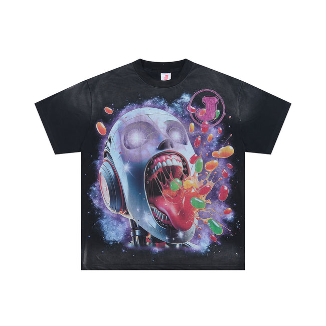 JELLYBEAN Cyborg Skull Jelly Bean Splash Graphic Oversized T‑Shirt Main Image