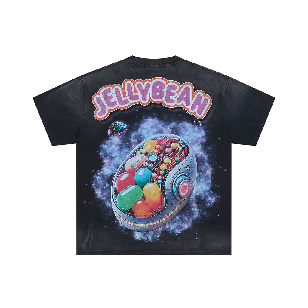 JELLYBEAN Cyborg Skull Jelly Bean Splash Graphic Oversized T‑Shirt