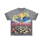ROUGHPLAY Heavyweight Washed Graphic Tee - Chessboard & Sun Vintage Distressed T-Shirt