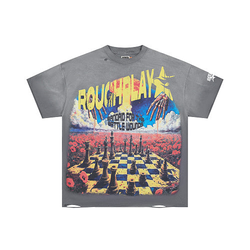 ROUGHPLAY Heavyweight Washed Graphic Tee - Chessboard & Sun Vintage Distressed T-Shirt