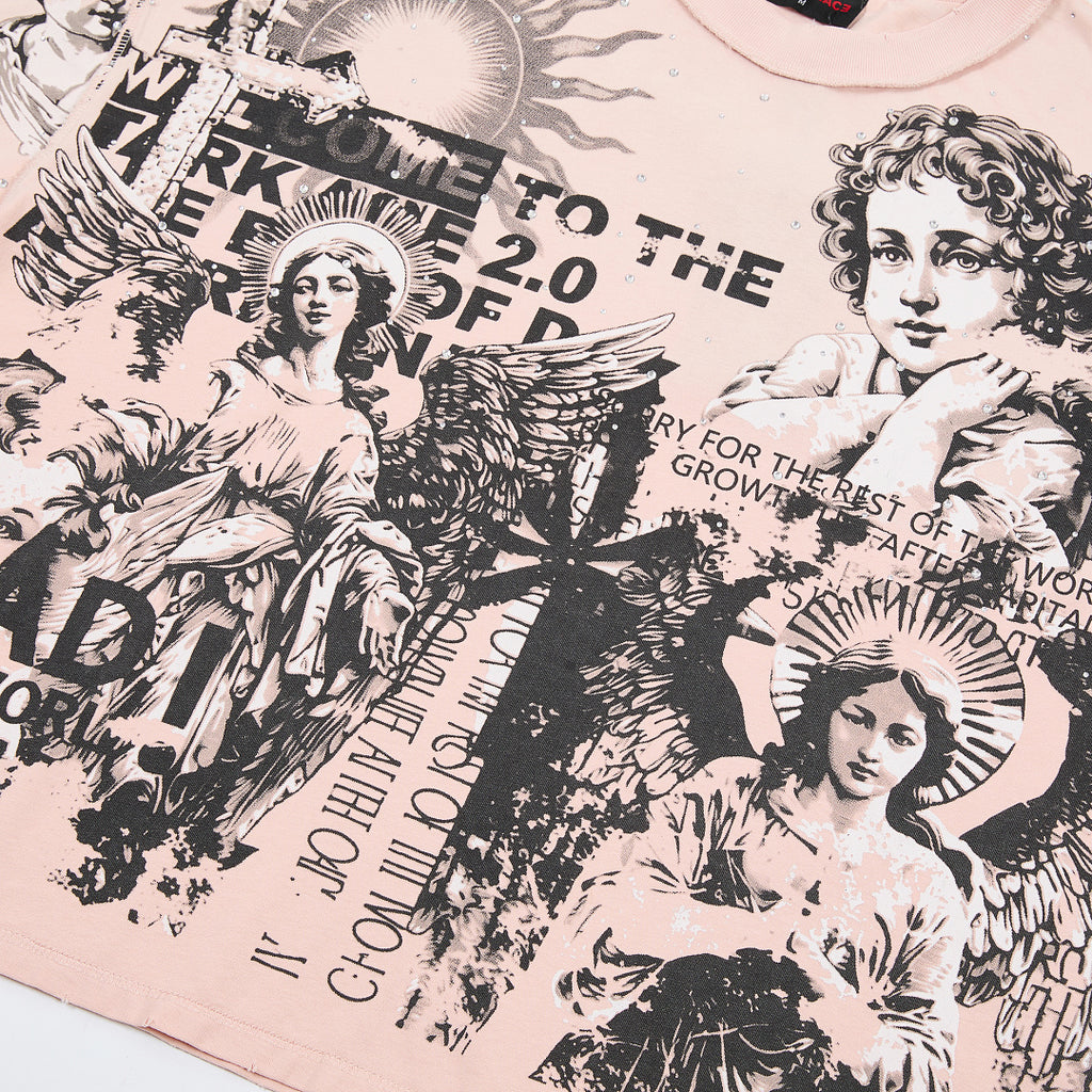 RARE PEACE Angel Collage Vintage Cropped Oversized T‑Shirt