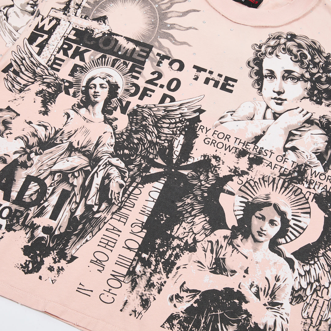 RARE PEACE Angel Collage Vintage Cropped Oversized T‑Shirt