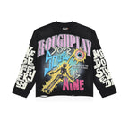 ROUGHPLAY Distressed Cyber Character Graphic Long Sleeve Shirt Unisex Black Oversized Streetwear Crewneck Top