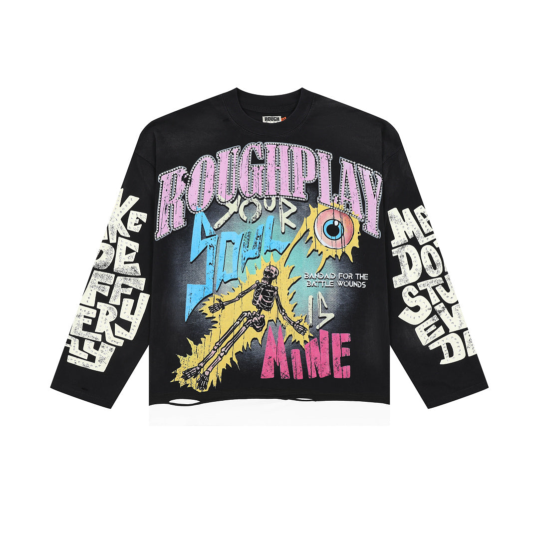 ROUGHPLAY Distressed Cyber Character Graphic Long Sleeve Shirt Unisex Black Oversized Streetwear Crewneck Top