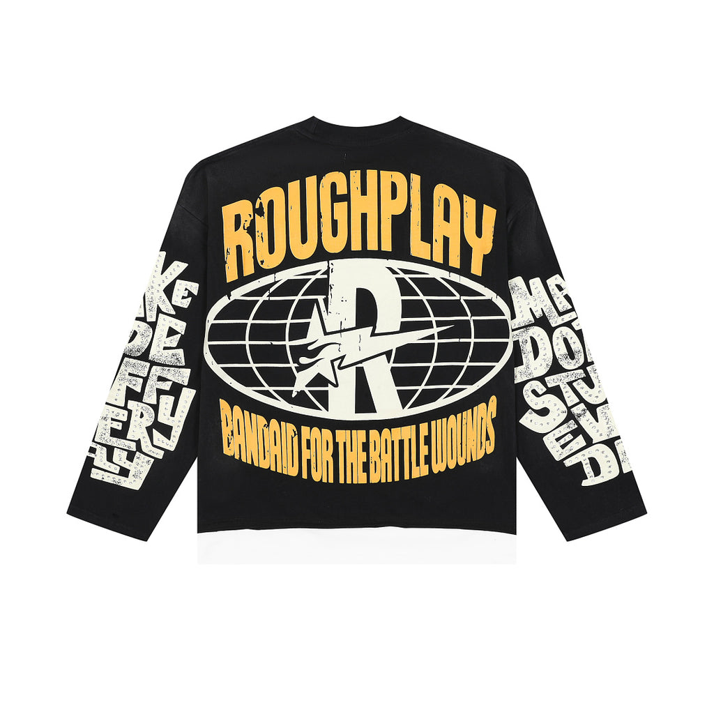 ROUGHPLAY Distressed Cyber Character Graphic Long Sleeve Shirt Unisex Black Oversized Streetwear Crewneck Top