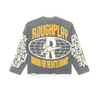 ROUGHPLAY Distressed Cyber Character Graphic Long Sleeve Shirt Unisex Washed Grey Oversized Streetwear Crewneck Top