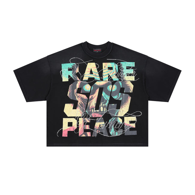 RARE PEACE SOS Monster‑Graphic Rhinestone Cropped Oversized T‑Shirt Main Image