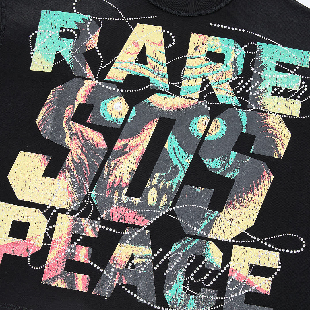 RARE PEACE SOS Monster‑Graphic Rhinestone Cropped Oversized T‑Shirt