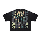 RARE PEACE SOS Monster‑Graphic Rhinestone Cropped Oversized T‑Shirt