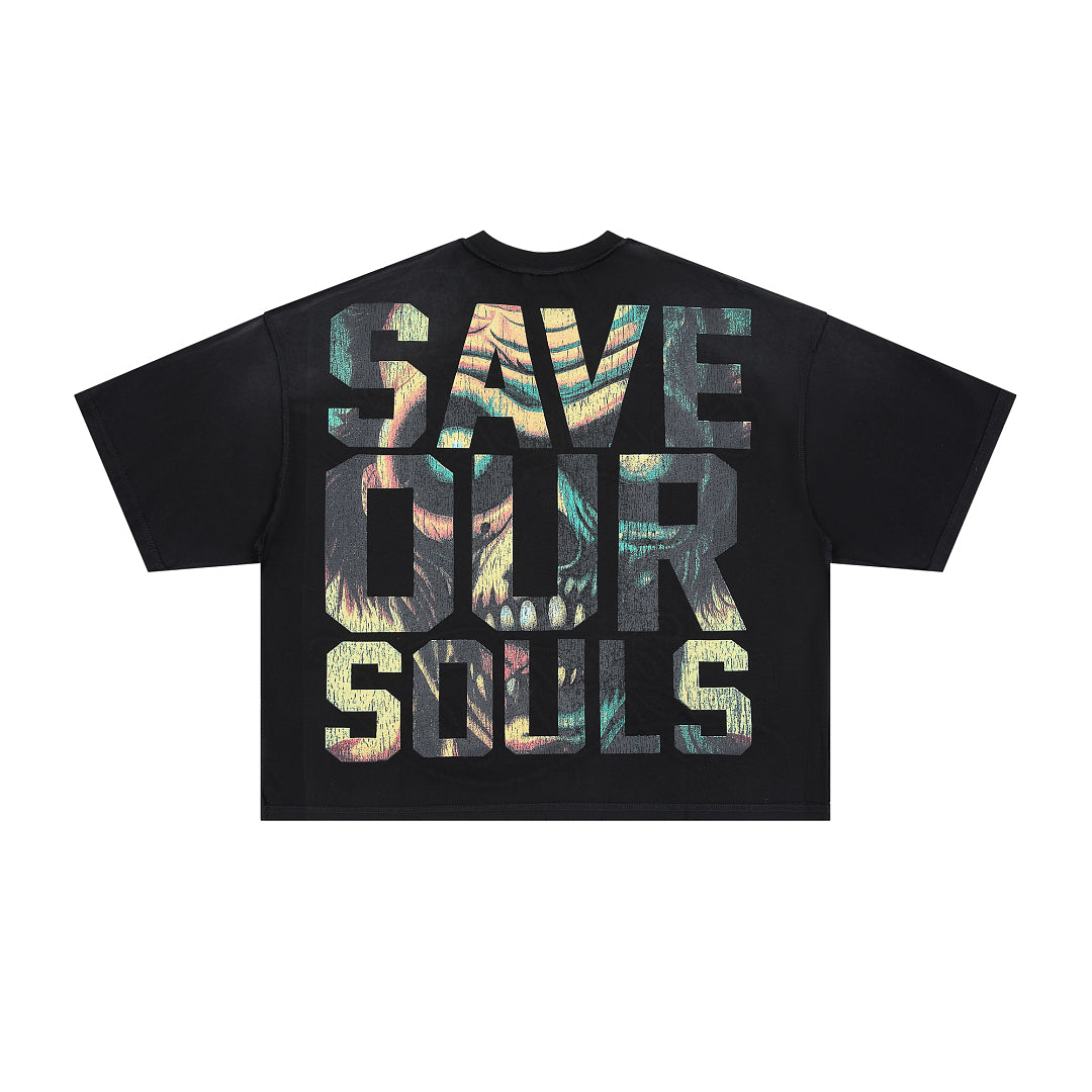 RARE PEACE SOS Monster‑Graphic Rhinestone Cropped Oversized T‑Shirt