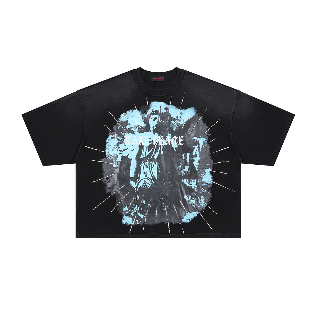 RARE PEACE Vintage‑Figure Rhinestone Cropped Oversized T‑Shirt