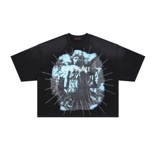 RARE PEACE Vintage‑Figure Rhinestone Cropped Oversized T‑Shirt Main Image