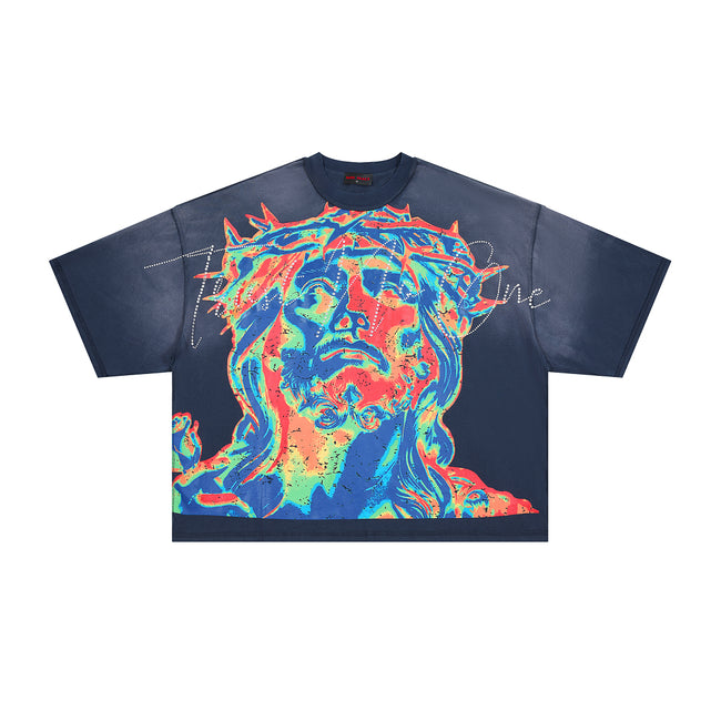RARE PEACE Neon‑Color Jesus Rhinestone Cropped Oversized T‑Shirt Main Image