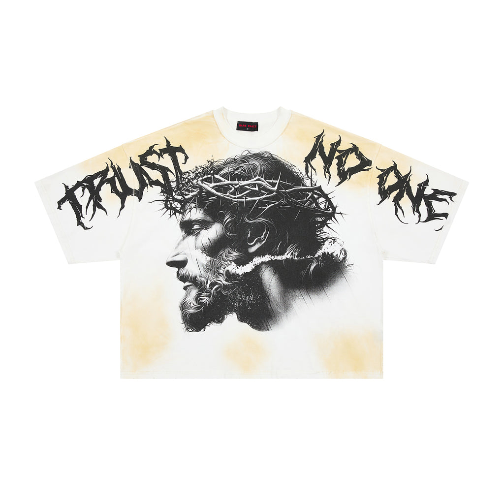 RARE PEACE Trust No One Crown‑of‑Thorns Cropped Oversized T‑Shirt
