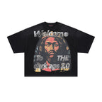 RARE PEACE Welcome To The Dark Age 2.0 Rhinestone Cropped Oversized T‑Shirt