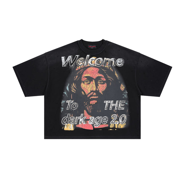 RARE PEACE Welcome To The Dark Age 2.0 Rhinestone Cropped Oversized T‑Shirt Main Image