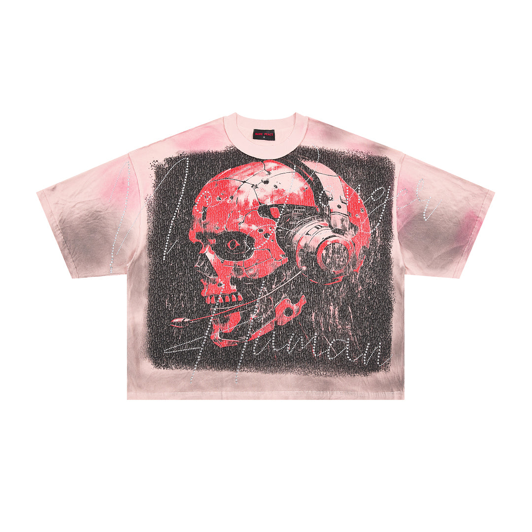 RARE PEACE Headset‑Skull Rhinestone Cropped Oversized T‑Shirt