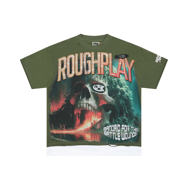 ROUGHPLAY Heavyweight Layered Graphic Tee - Olive Green Skull & Flame Main Image
