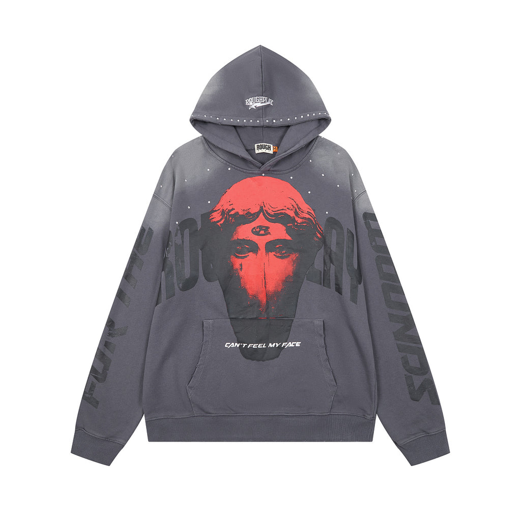 ROUGHPLAY Heavyweight Rhinestone Graphic Hoodie - Crimson Statue Bust & Tonal Globe