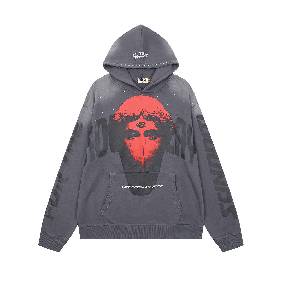 ROUGHPLAY Heavyweight Rhinestone Graphic Hoodie - Crimson Statue Bust & Tonal Globe