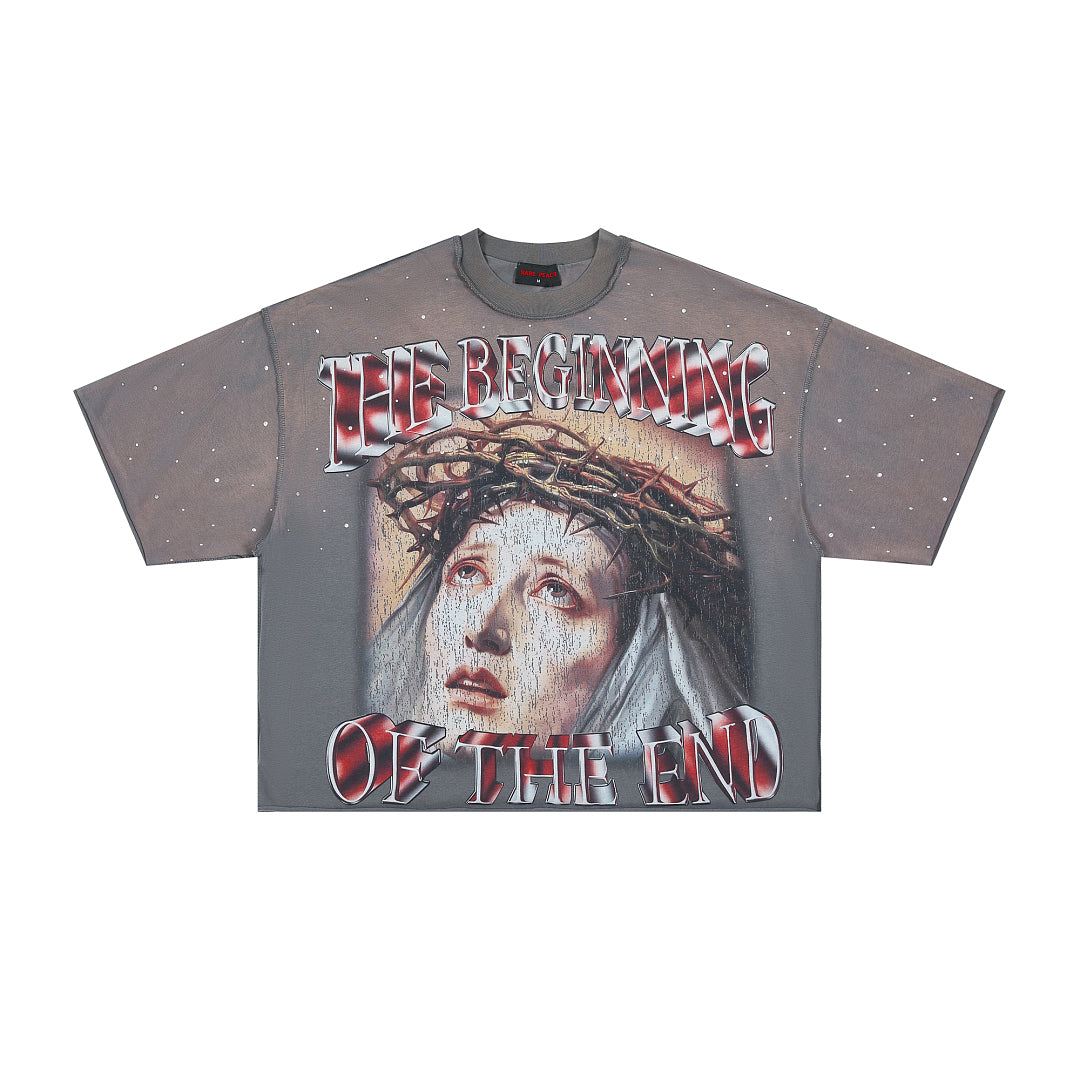 RARE PEACE The Beginning Of The End Rhinestone Cropped Oversized T‑Shirt