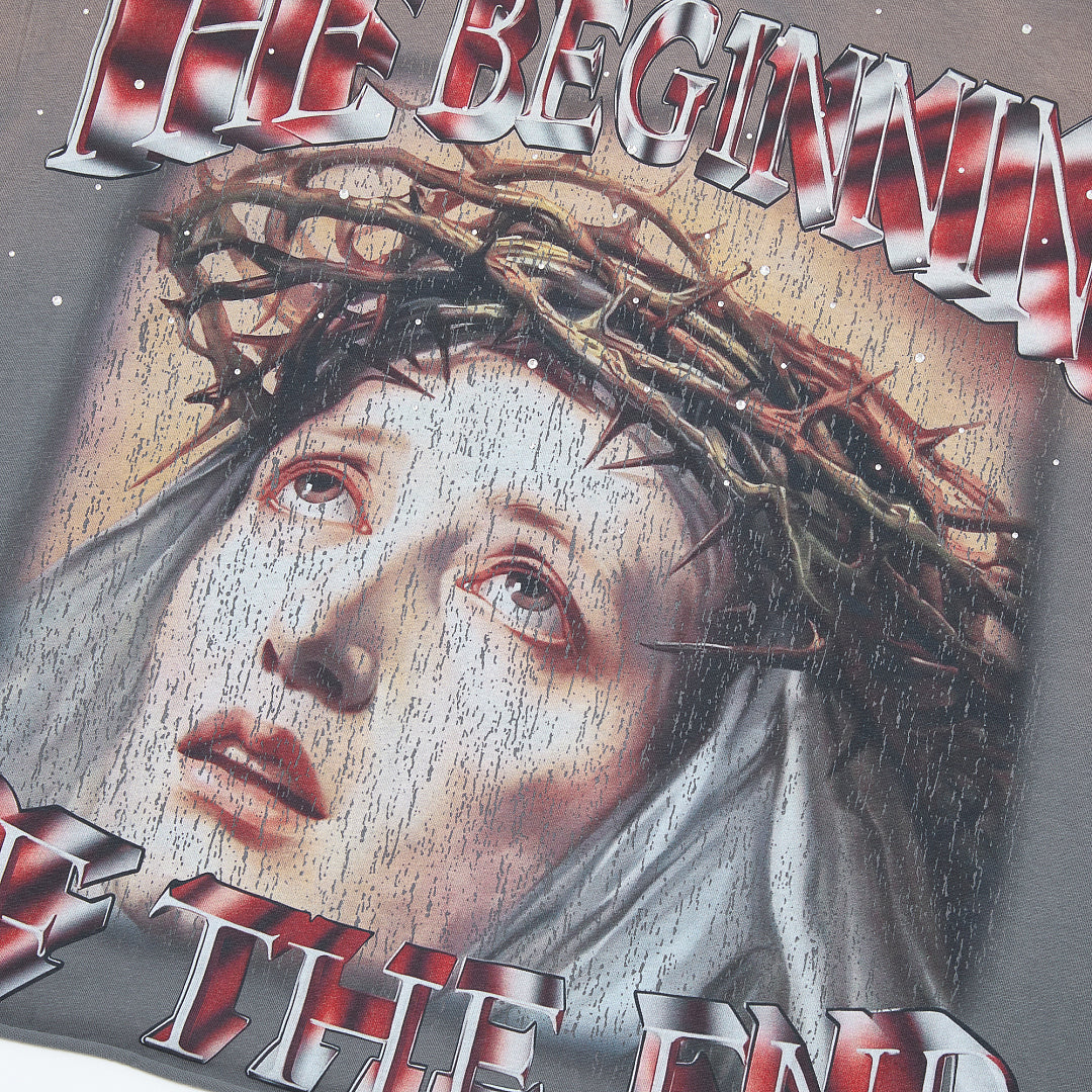RARE PEACE The Beginning Of The End Rhinestone Cropped Oversized T‑Shirt