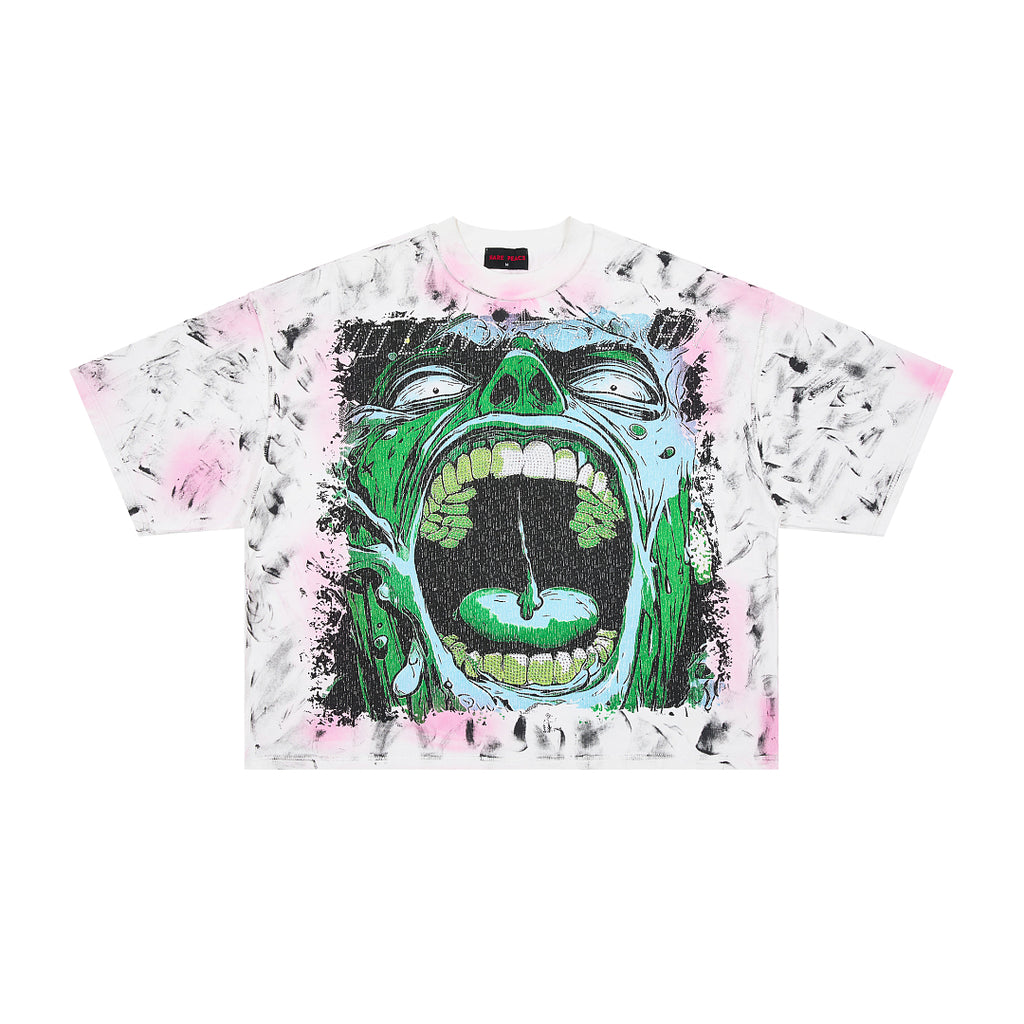 RARE PEACE Screaming Zombie Rhinestone Cropped Oversized T‑Shirt