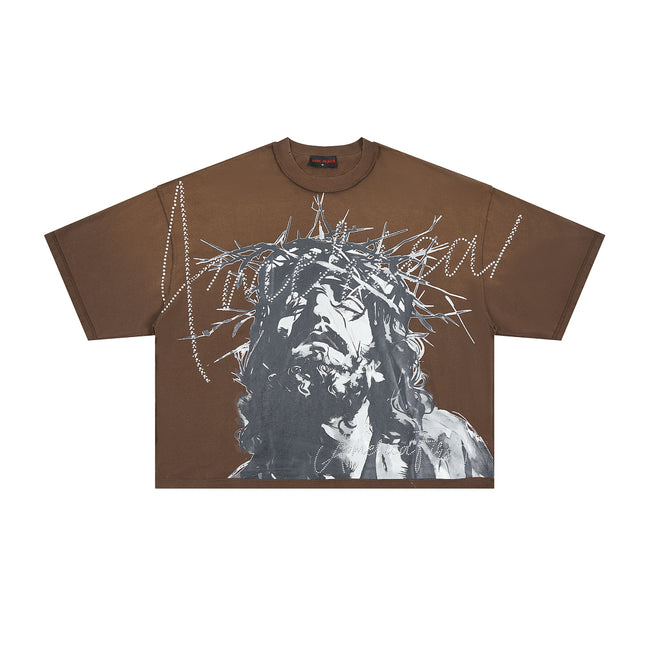 RARE PEACE Crown‑of‑Thorns Jesus Rhinestone Cropped Oversized T‑Shirt Main Image