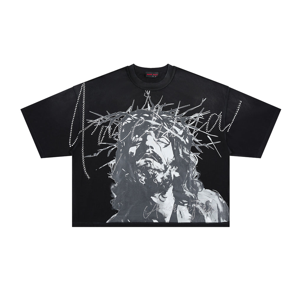 RARE PEACE Crown‑of‑Thorns Jesus Rhinestone Cropped Oversized T‑Shirt